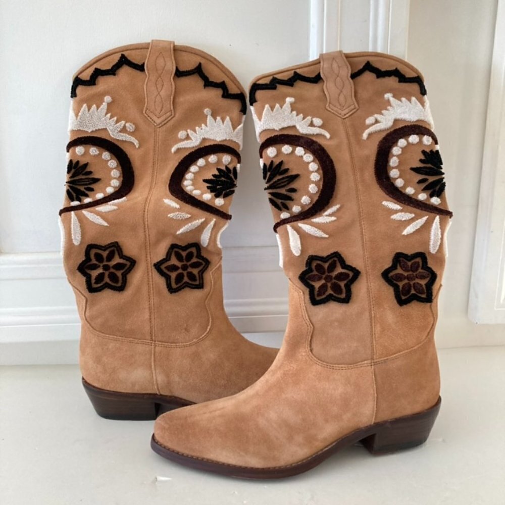 NIB Free People Roundhouse Stitch Tan Combo Western Boots Sz 36